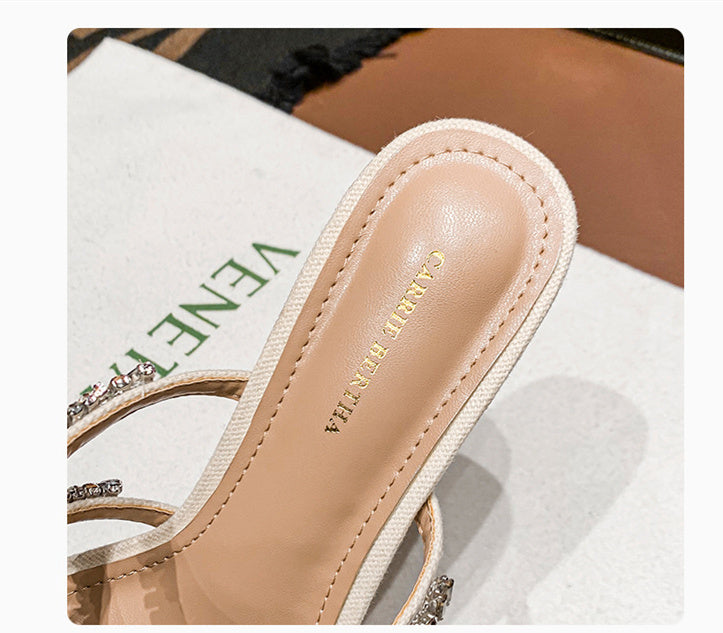 Thick Heel Sandals And Slippers With Gemstones And Rhinestones
