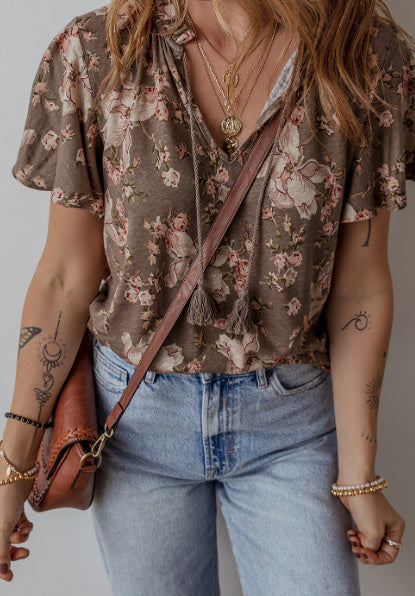 Khaki Retro Floral Print Tassel Tie Split Neck Short Sleeve Blouse