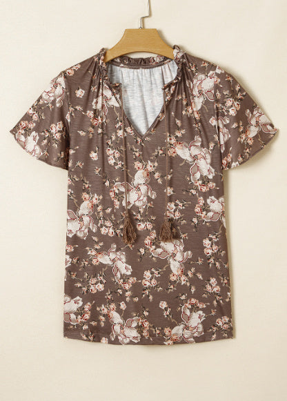 Khaki Retro Floral Print Tassel Tie Split Neck Short Sleeve Blouse