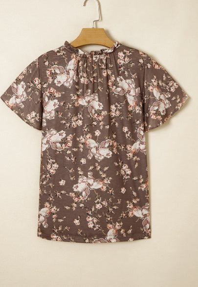 Khaki Retro Floral Print Tassel Tie Split Neck Short Sleeve Blouse