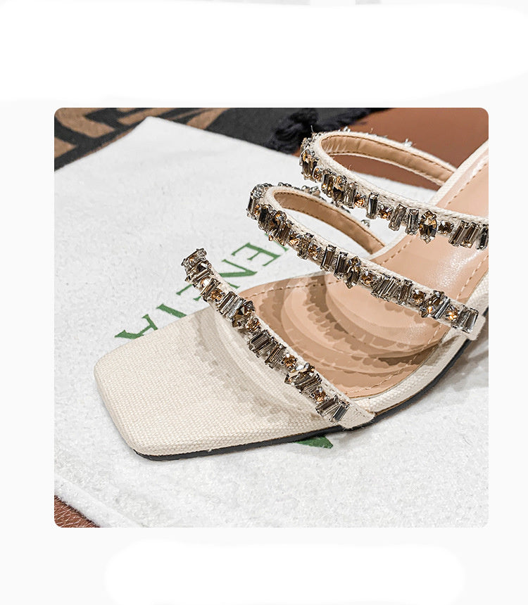 Thick Heel Sandals And Slippers With Gemstones And Rhinestones