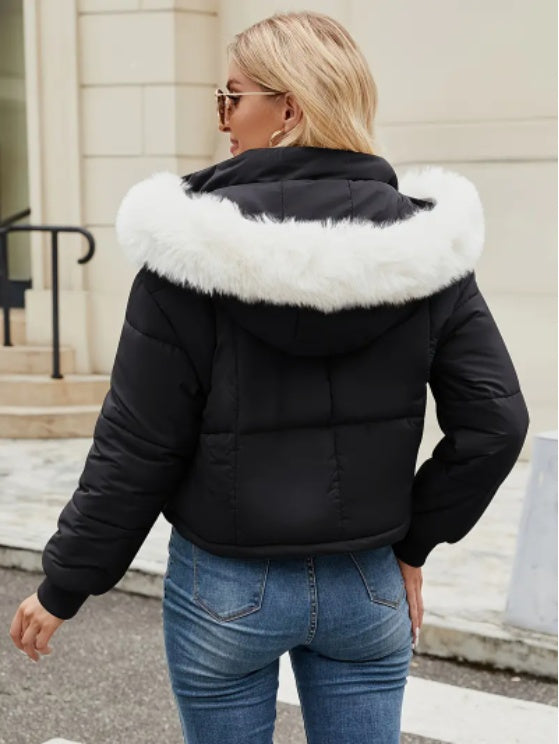 Women's Chic Mint Green Puffer Jacket With Faux Fur Trim Hood