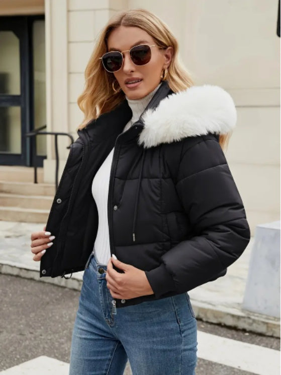 Women's Chic Mint Green Puffer Jacket With Faux Fur Trim Hood
