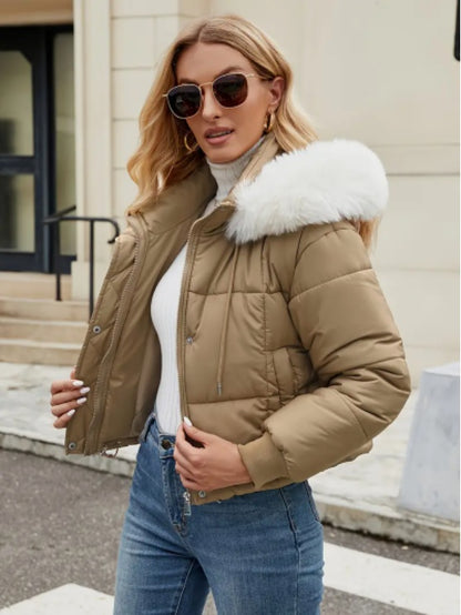 Women's Chic Mint Green Puffer Jacket With Faux Fur Trim Hood