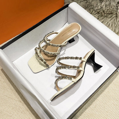 Thick Heel Sandals And Slippers With Gemstones And Rhinestones