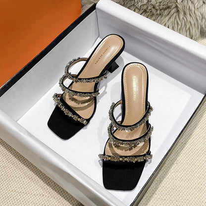 Thick Heel Sandals And Slippers With Gemstones And Rhinestones
