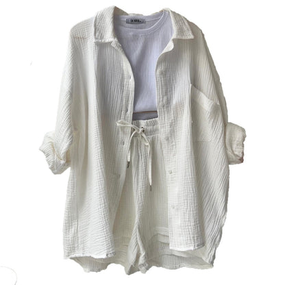 Spring Champray Lapel Long Sleeve Shirt High Waist Drawstring Shorts Plus Size Fashion Casual Set