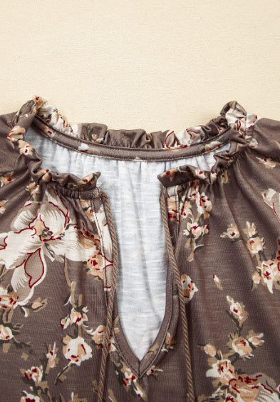 Khaki Retro Floral Print Tassel Tie Split Neck Short Sleeve Blouse